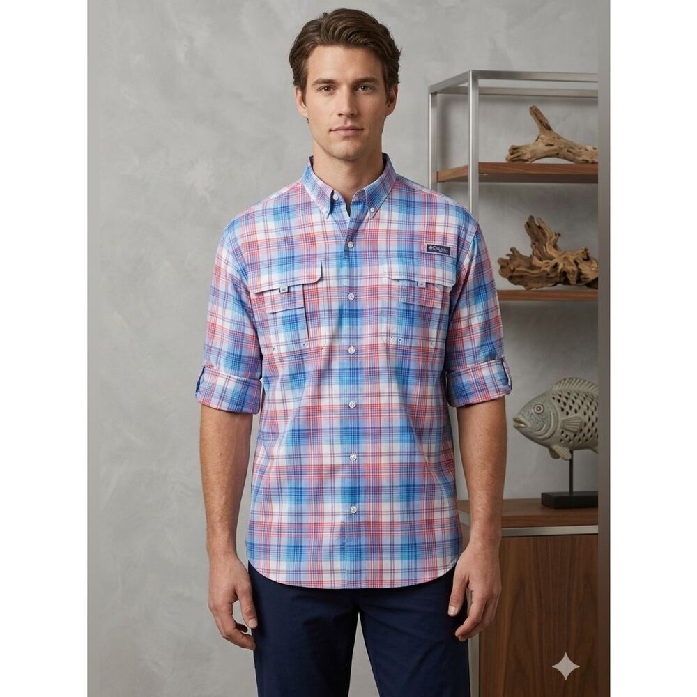 🔥 Take 50% OFF- Columbia Men's Casual Blue and Red Checkered Shirt, Size-XL